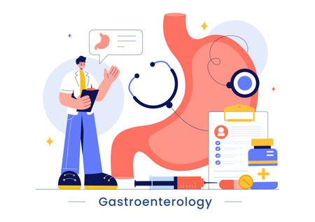 Stomach Health Gastroenterology Vector Illustration Featuring Abdominal Pain and Medical Research for Healthcare in a Flat Style Cartoon Backgroundのイラスト素材
