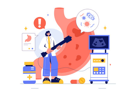 Stomach Health Gastroenterology Vector Illustration Featuring Abdominal Pain and Medical Research for Healthcare in a Flat Style Cartoon Backgroundのイラスト素材