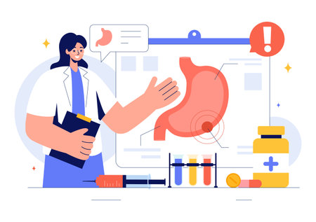 Stomach Health Gastroenterology Vector Illustration Featuring Abdominal Pain and Medical Research for Healthcare in a Flat Style Cartoon Backgroundのイラスト素材