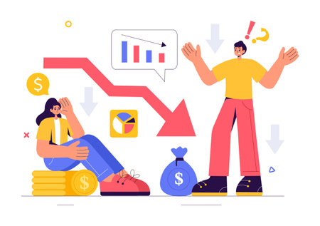 Financial Crisis Vector Illustration of Bankruptcy, Economic Collapse, and Cost Reduction with a Down Arrow in a Flat Style Cartoon Backgroundのイラスト素材