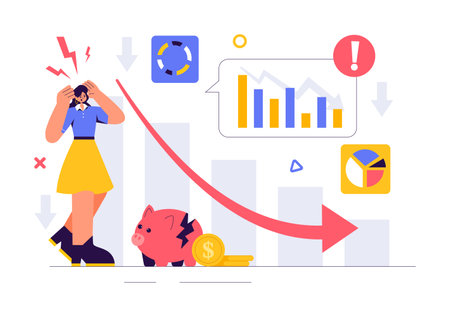 Financial Crisis Vector Illustration of Bankruptcy, Economic Collapse, and Cost Reduction with a Down Arrow in a Flat Style Cartoon Backgroundのイラスト素材