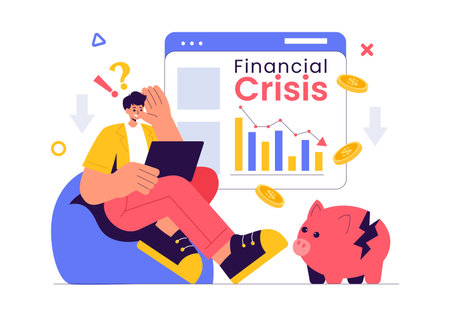 Financial Crisis Vector Illustration of Bankruptcy, Economic Collapse, and Cost Reduction with a Down Arrow in a Flat Style Cartoon Backgroundのイラスト素材