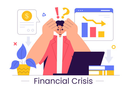 Financial Crisis Vector Illustration of Bankruptcy, Economic Collapse, and Cost Reduction with a Down Arrow in a Flat Style Cartoon Backgroundのイラスト素材