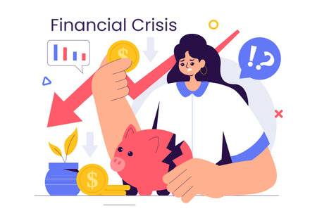 Financial Crisis Vector Illustration of Bankruptcy, Economic Collapse, and Cost Reduction with a Down Arrow in a Flat Style Cartoon Backgroundのイラスト素材