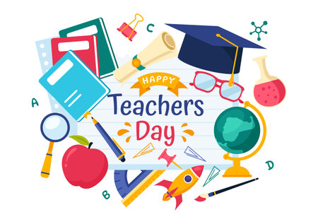 Happy Teacher's Day Vector Illustration featuring School Supplies such as Blackboards, Pencils, Bags, Books, and Other Items in Flat Backgroundのイラスト素材