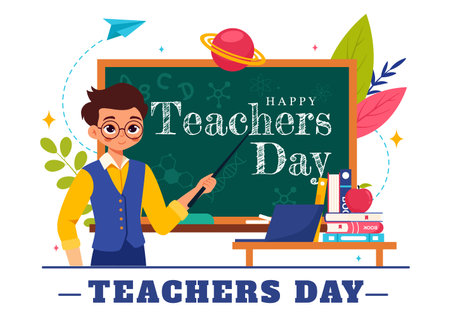 Happy Teacher's Day Vector Illustration featuring School Supplies such as Blackboards, Pencils, Bags, Books, and Other Items in Flat Backgroundのイラスト素材
