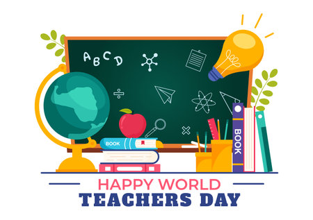 Happy Teacher's Day Vector Illustration featuring School Supplies such as Blackboards, Pencils, Bags, Books, and Other Items in Flat Backgroundのイラスト素材