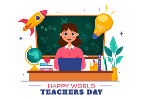 Happy Teacher's Day Vector Illustration featuring School Supplies such as Blackboards, Pencils, Bags, Books, and Other Items in Flat Backgroundのイラスト素材