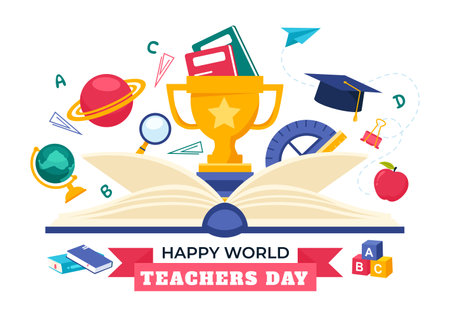 Happy Teacher's Day Vector Illustration featuring School Supplies such as Blackboards, Pencils, Bags, Books, and Other Items in Flat Backgroundのイラスト素材