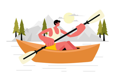 People Enjoying Rowing Vector Illustration with Canoes and Sailing on a River or Lake in Active Water Sports in a Flat Style Cartoon Backgroundのイラスト素材