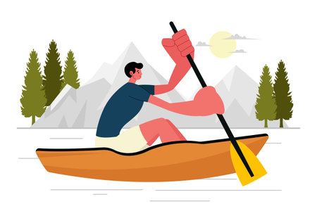 People Enjoying Rowing Vector Illustration with Canoes and Sailing on a River or Lake in Active Water Sports in a Flat Style Cartoon Backgroundのイラスト素材