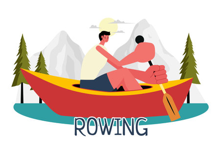 People Enjoying Rowing Vector Illustration with Canoes and Sailing on a River or Lake in Active Water Sports in a Flat Style Cartoon Backgroundのイラスト素材