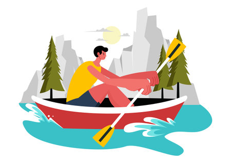 People Enjoying Rowing Vector Illustration with Canoes and Sailing on a River or Lake in Active Water Sports in a Flat Style Cartoon Backgroundのイラスト素材