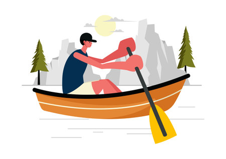 People Enjoying Rowing Vector Illustration with Canoes and Sailing on a River or Lake in Active Water Sports in a Flat Style Cartoon Backgroundのイラスト素材