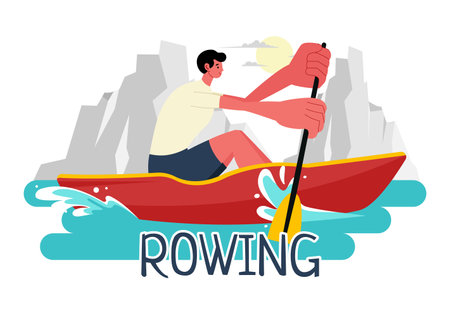 People Enjoying Rowing Vector Illustration with Canoes and Sailing on a River or Lake in Active Water Sports in a Flat Style Cartoon Backgroundのイラスト素材