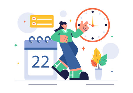 Vector Illustration of Time Management with Clock Settings, Task Planning, Training Activities, and Scheduling in a Flat Cartoon Style Backgroundのイラスト素材