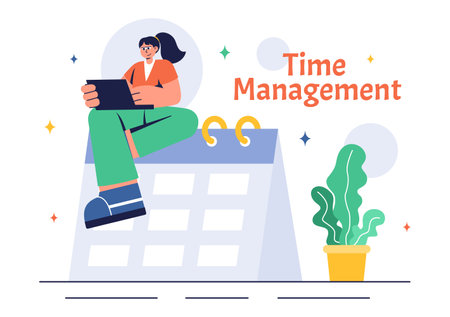Vector Illustration of Time Management with Clock Settings, Task Planning, Training Activities, and Scheduling in a Flat Cartoon Style Backgroundのイラスト素材