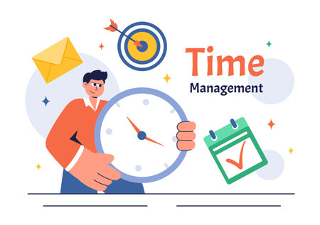 Vector Illustration of Time Management with Clock Settings, Task Planning, Training Activities, and Scheduling in a Flat Cartoon Style Backgroundのイラスト素材