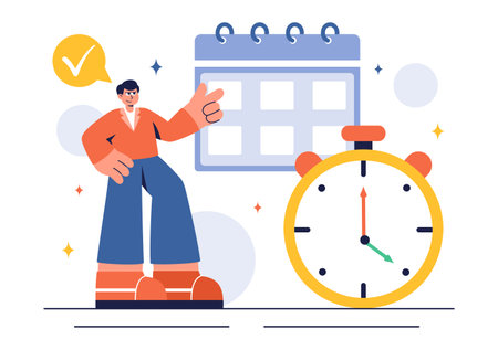 Vector Illustration of Time Management with Clock Settings, Task Planning, Training Activities, and Scheduling in a Flat Cartoon Style Backgroundのイラスト素材