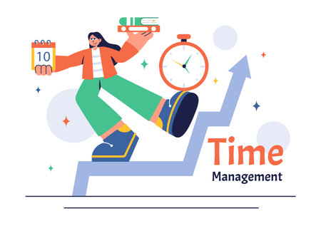 Vector Illustration of Time Management with Clock Settings, Task Planning, Training Activities, and Scheduling in a Flat Cartoon Style Backgroundのイラスト素材