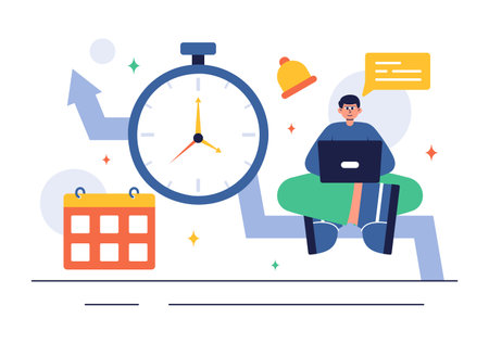 Vector Illustration of Time Management with Clock Settings, Task Planning, Training Activities, and Scheduling in a Flat Cartoon Style Backgroundのイラスト素材