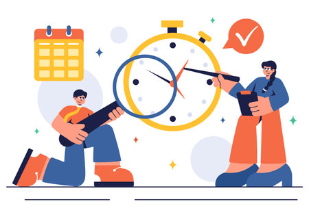Vector Illustration of Time Management with Clock Settings, Task Planning, Training Activities, and Scheduling in a Flat Cartoon Style Backgroundのイラスト素材