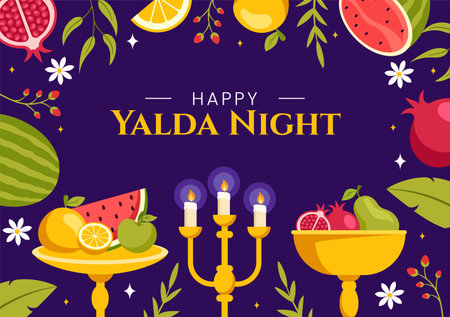 Happy Yalda Night Vector Illustration of an Iranian Festival, featuring a Watermelon Slice, Pomegranate, Candles, and Lemon in a Flat Backgroundのイラスト素材