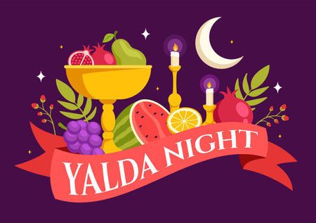 Happy Yalda Night Vector Illustration of an Iranian Festival, featuring a Watermelon Slice, Pomegranate, Candles, and Lemon in a Flat Backgroundのイラスト素材