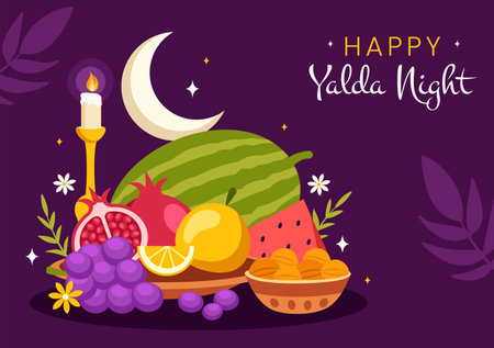 Happy Yalda Night Vector Illustration of an Iranian Festival, featuring a Watermelon Slice, Pomegranate, Candles, and Lemon in a Flat Backgroundのイラスト素材