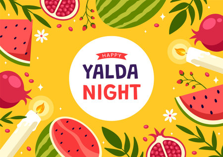 Happy Yalda Night Vector Illustration of an Iranian Festival, featuring a Watermelon Slice, Pomegranate, Candles, and Lemon in a Flat Backgroundのイラスト素材