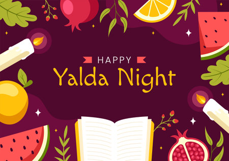 Happy Yalda Night Vector Illustration of an Iranian Festival, featuring a Watermelon Slice, Pomegranate, Candles, and Lemon in a Flat Backgroundのイラスト素材