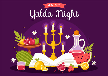 Happy Yalda Night Vector Illustration of an Iranian Festival, featuring a Watermelon Slice, Pomegranate, Candles, and Lemon in a Flat Backgroundのイラスト素材