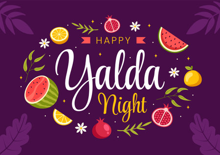 Happy Yalda Night Vector Illustration of an Iranian Festival, featuring a Watermelon Slice, Pomegranate, Candles, and Lemon in a Flat Backgroundのイラスト素材