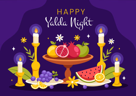 Happy Yalda Night Vector Illustration of an Iranian Festival, featuring a Watermelon Slice, Pomegranate, Candles, and Lemon in a Flat Backgroundのイラスト素材