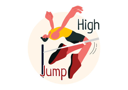 Vector Illustration of a Male Athlete Performing a High Jump, Combining Speed and Technique to Soar Over the Bar in a Flat Style Cartoon Backgroundのイラスト素材