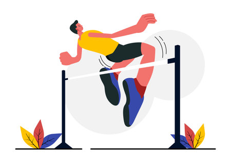 Vector Illustration of a Male Athlete Performing a High Jump, Combining Speed and Technique to Soar Over the Bar in a Flat Style Cartoon Backgroundのイラスト素材