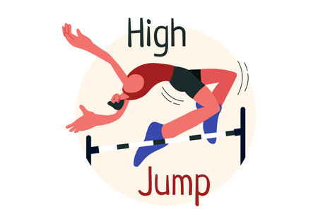 Vector Illustration of a Male Athlete Performing a High Jump, Combining Speed and Technique to Soar Over the Bar in a Flat Style Cartoon Backgroundのイラスト素材