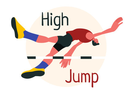 Vector Illustration of a Male Athlete Performing a High Jump, Combining Speed and Technique to Soar Over the Bar in a Flat Style Cartoon Backgroundのイラスト素材
