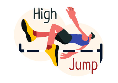 Vector Illustration of a Male Athlete Performing a High Jump, Combining Speed and Technique to Soar Over the Bar in a Flat Style Cartoon Backgroundのイラスト素材