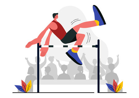 Vector Illustration of a Male Athlete Performing a High Jump, Combining Speed and Technique to Soar Over the Bar in a Flat Style Cartoon Backgroundのイラスト素材