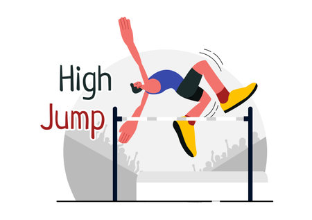 Vector Illustration of a Male Athlete Performing a High Jump, Combining Speed and Technique to Soar Over the Bar in a Flat Style Cartoon Backgroundのイラスト素材