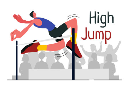 Vector Illustration of a Male Athlete Performing a High Jump, Combining Speed and Technique to Soar Over the Bar in a Flat Style Cartoon Backgroundのイラスト素材