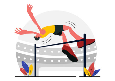 Vector Illustration of a Male Athlete Performing a High Jump, Combining Speed and Technique to Soar Over the Bar in a Flat Style Cartoon Backgroundのイラスト素材