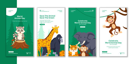 World Animal Day Social Media Stories Flat Cartoon Hand Drawn Templates Background Illustrationのイラスト素材