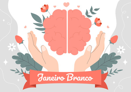 Janeiro Branco Translation of a White January Mental Health Awareness Month Vector Illustration with a Symbol the Brain and Flowers in Flat Backgroundのイラスト素材