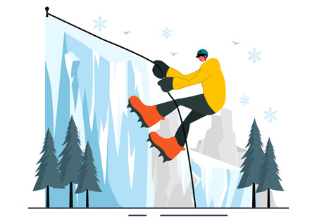 Ice Climbing Vector Illustration featuring a Climber Scaling an Ice Wall using Axes and Wearing Crampons with a Scenic Mountain backdrop Backgroundのイラスト素材