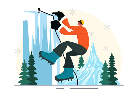 Ice Climbing Vector Illustration featuring a Climber Scaling an Ice Wall using Axes and Wearing Crampons with a Scenic Mountain backdrop Backgroundのイラスト素材