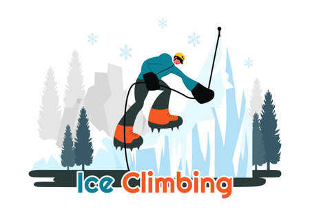 Ice Climbing Vector Illustration featuring a Climber Scaling an Ice Wall using Axes and Wearing Crampons with a Scenic Mountain backdrop Backgroundのイラスト素材