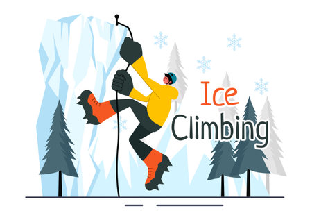 Ice Climbing Vector Illustration featuring a Climber Scaling an Ice Wall using Axes and Wearing Crampons with a Scenic Mountain backdrop Backgroundのイラスト素材
