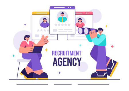 Recruitment Agency Vector Illustration featuring Managers Selecting Candidates Employee for Various Job Positions or Other Organizationsのイラスト素材